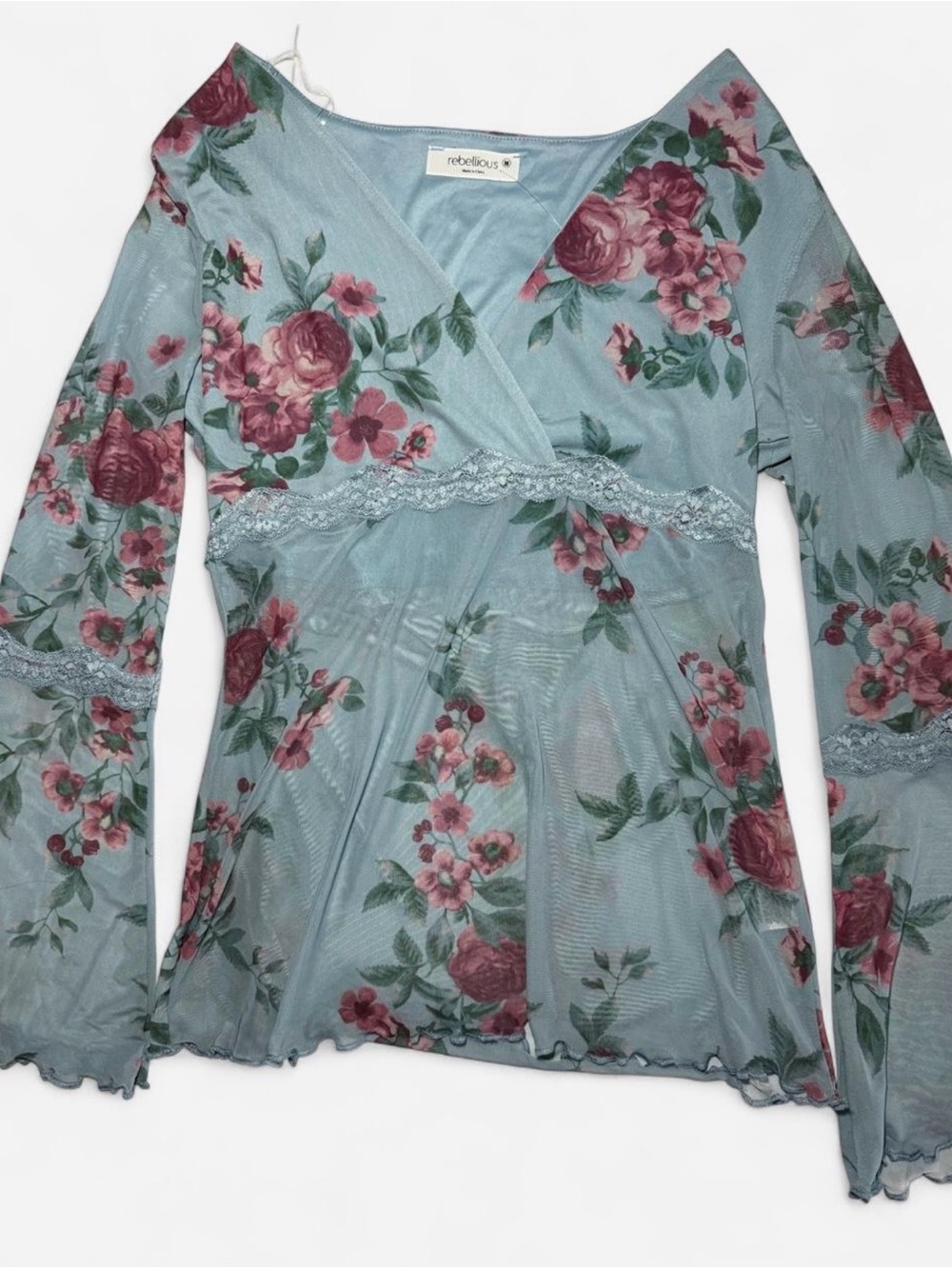 Rebellious Blue Floral Mesh Lace Long Flare Sleeve Top - Size M - NWT